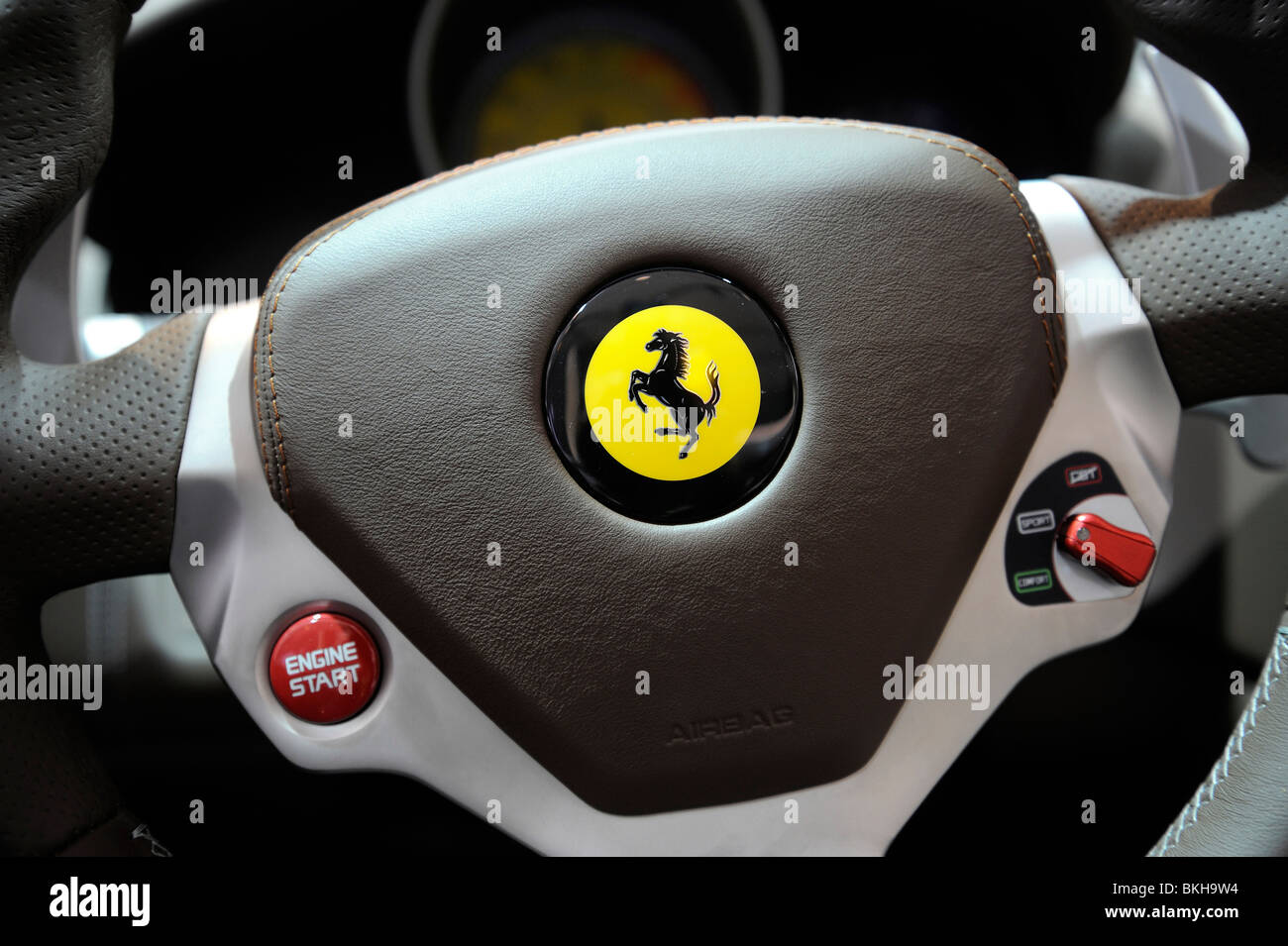 Steering wheel view of a Ferrari California at the Beijing Auto Show 2010. Stock Photo