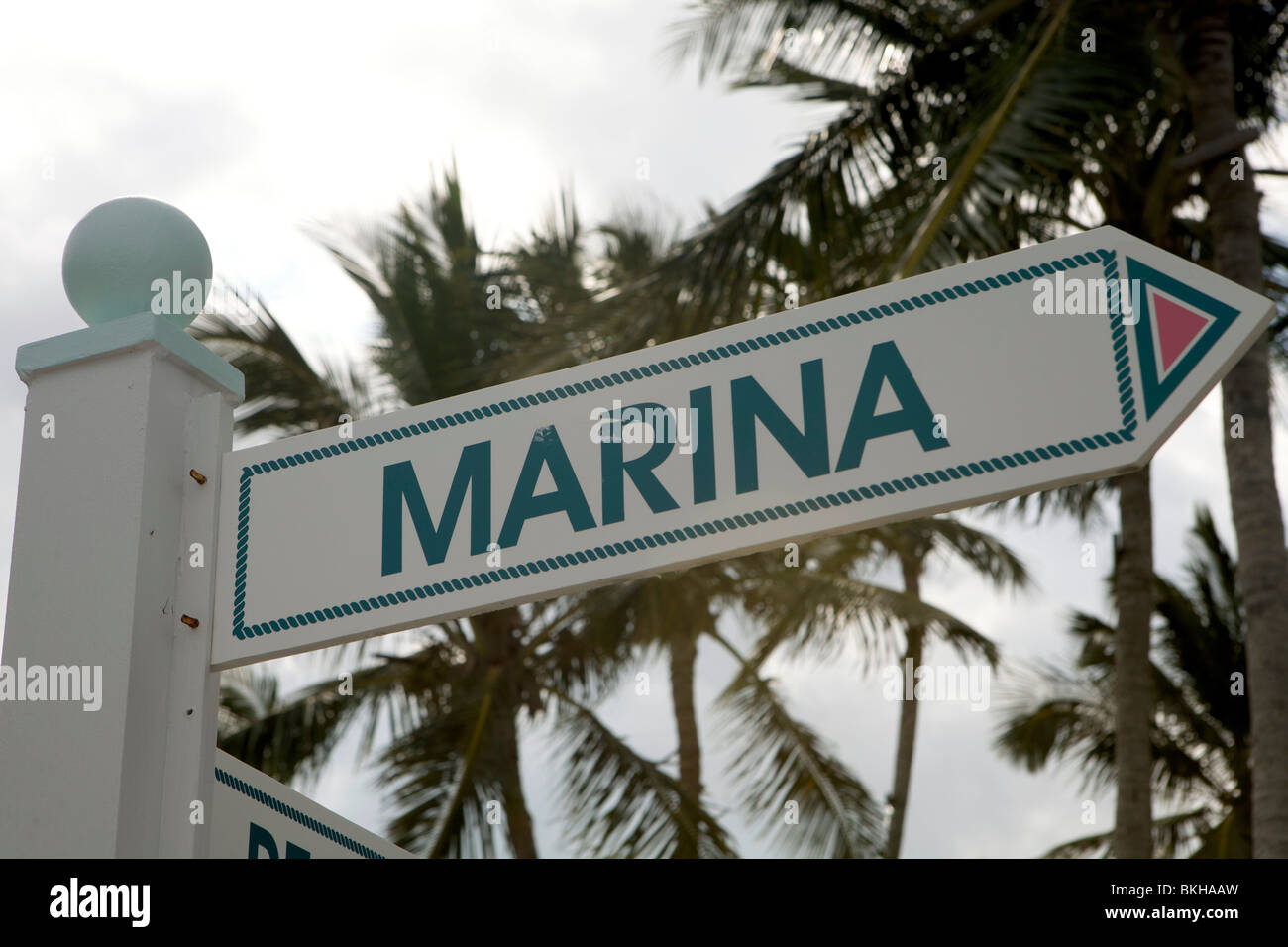 Marina sign post in Marsh Harbour. Stock Photo
