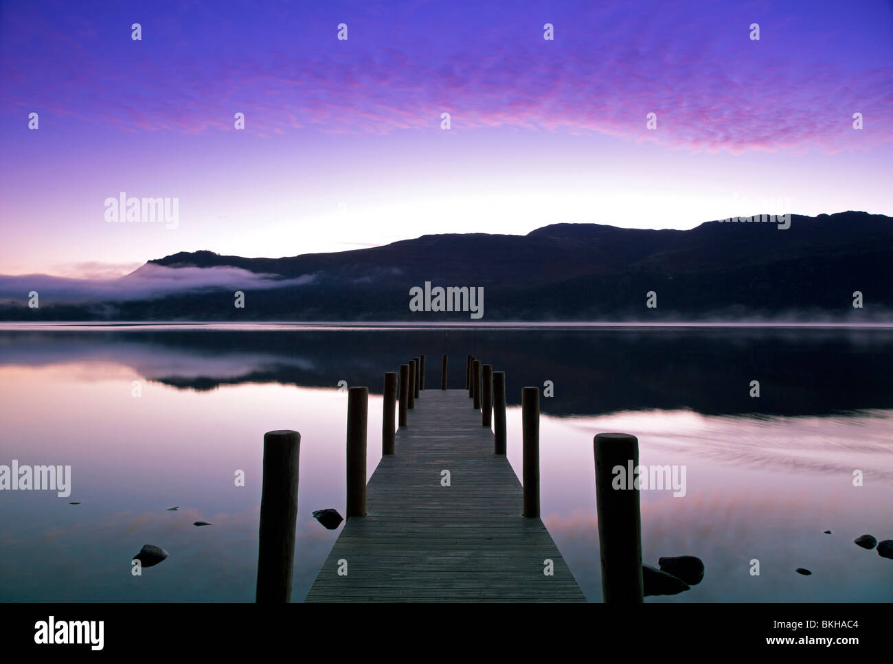 Uk Lake District view over Derwentwater and landing stage at dawn Stock Photo