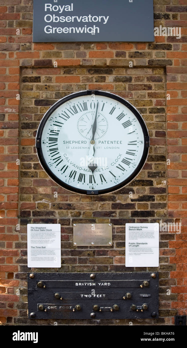 England London Greenwich Royal Observatory Galvano-Magnetic clock & Public Standards of Length, in feet & inches Stock Photo