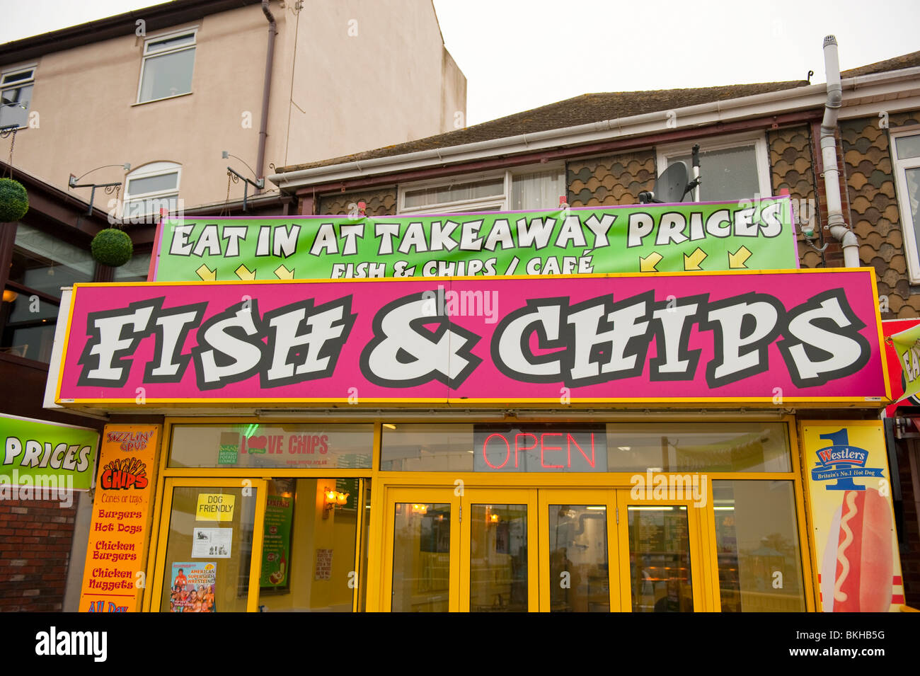 fish & chips eat in or takeaway Stock Photo