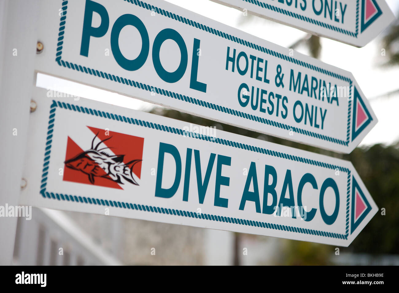 Diving, pool and marina signs at the Conch Inn in Marsh Harbor. Stock Photo