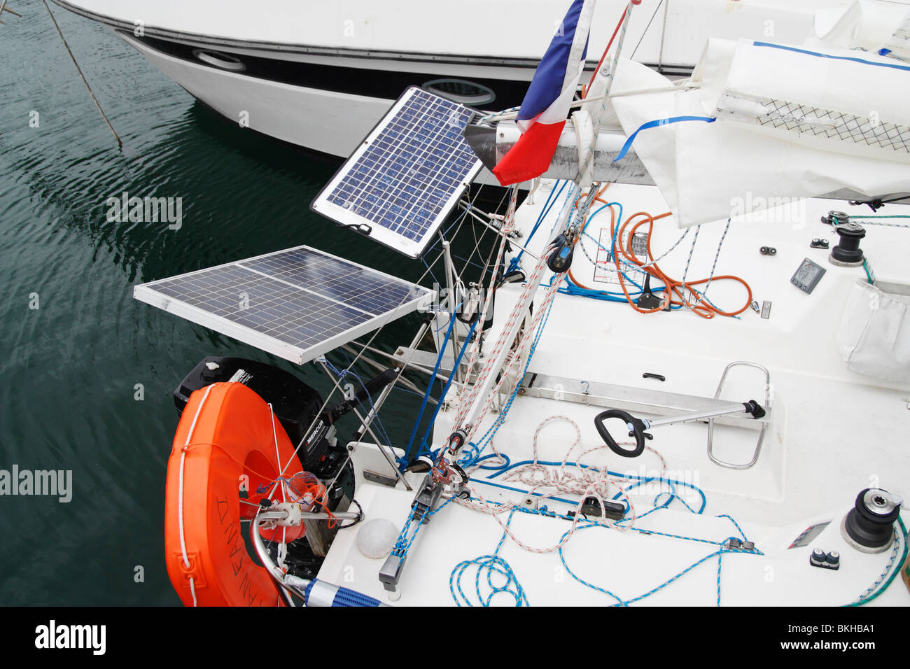 Solar panels on stern of small yacht Stock Photo Alamy