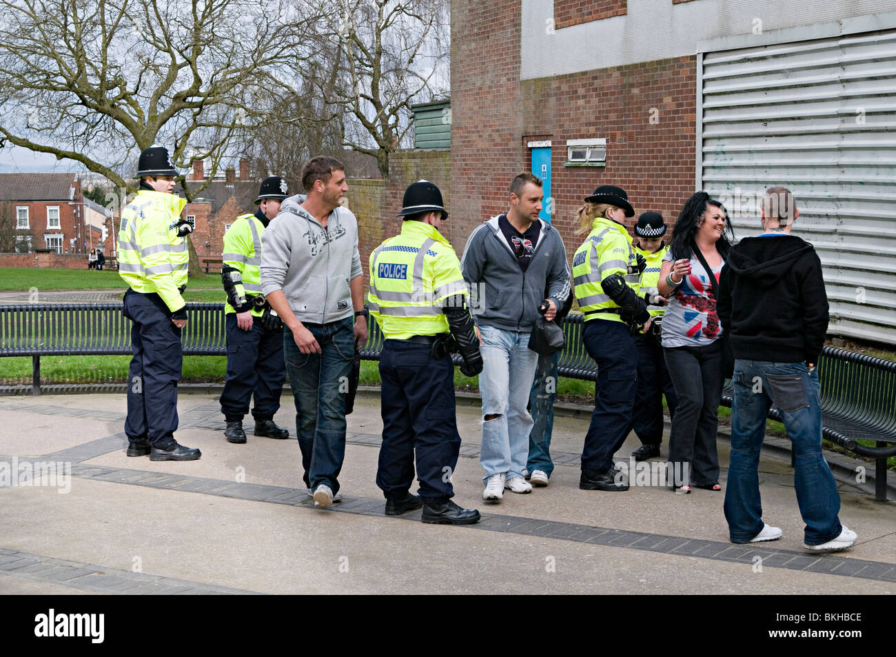 edl demo in dudley uk against the building of a mosque members being searched by the police Stock Photo