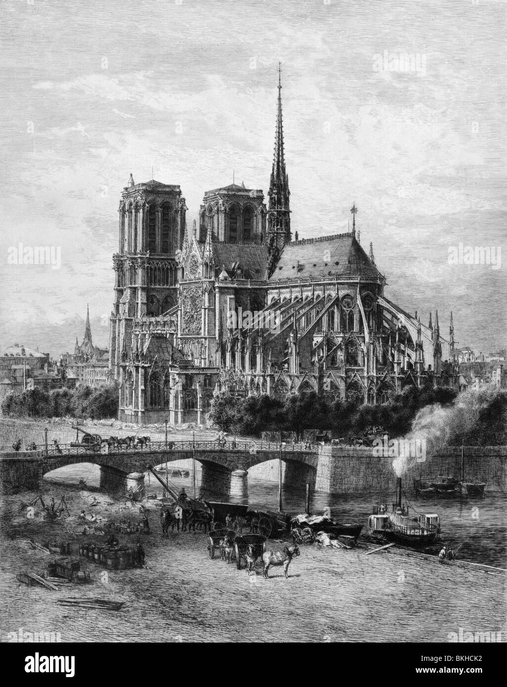 Vintage etching print circa 1870s / 1880s of Notre Dame Cathedral in Paris, France, as it appeared in the late 19th century. Stock Photo