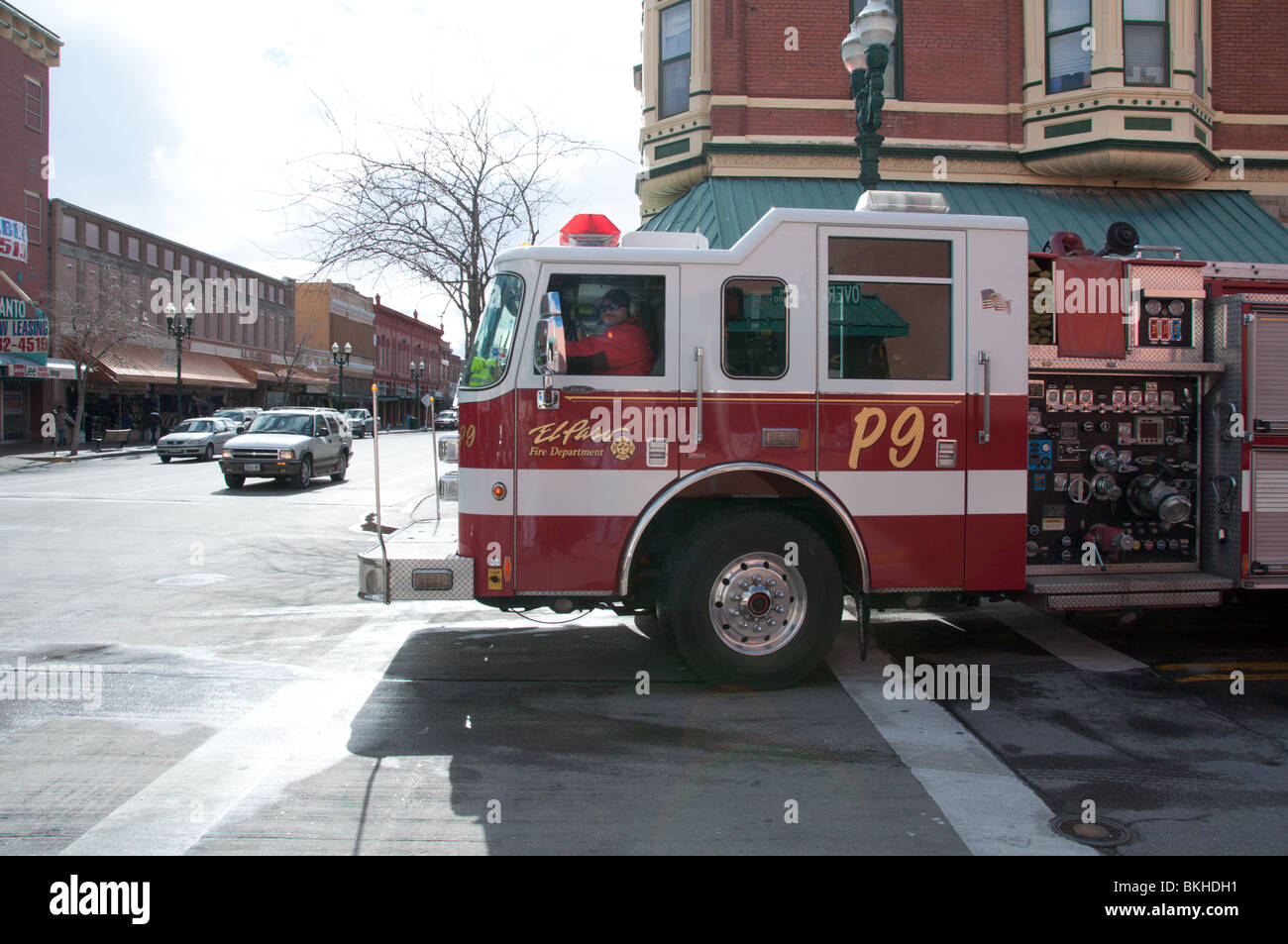 A fire truck on a mission in Down Town El Paso, Texas Stock Photo Alamy