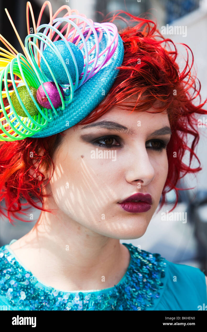 Model with a slinky toy hat, Alternative Fashion Week, London, Spitalfields Market Stock Photo