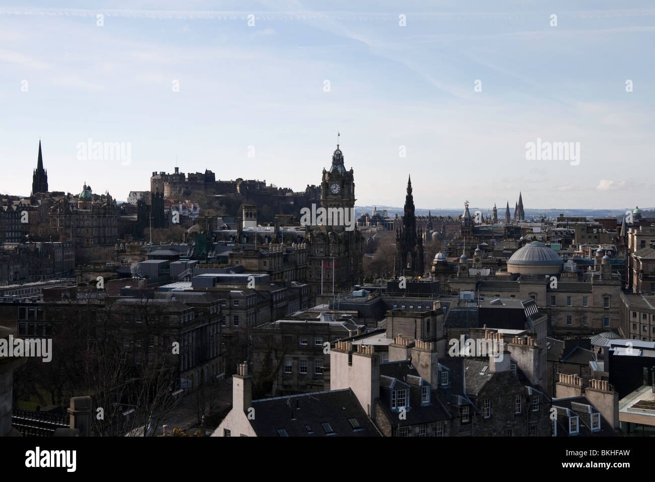 A classic view of central Edinburgh from Calton Hill. Central in the photo is the Balmoral hotel clocktower and Edinburgh castle Stock Photo