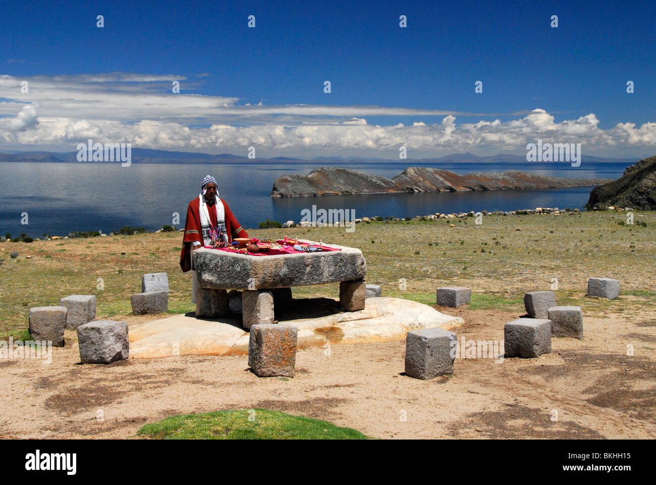 Shaman holding a ritual on Isla del Sol, Chinacana, Lake Titicaca, Bolivia, South America Stock Photo