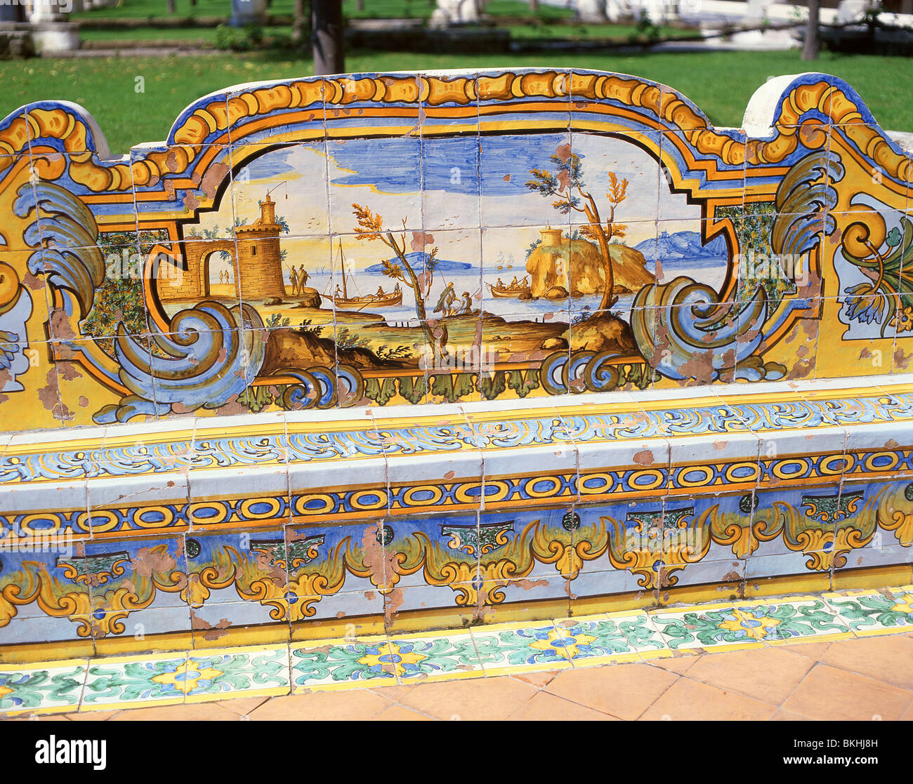 Majolica tiling in courtyard, Church of Santa Chiara, Spaccanapoli, Naples, Campania, Italy Stock Photo