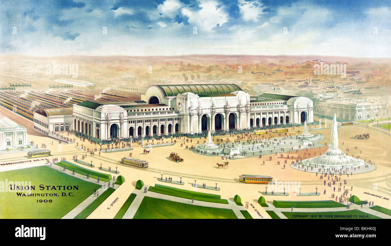Vintage print c1906 showing an aerial view of Union Station in Washington DC as it would appear when it was completed in 1908. Stock Photo