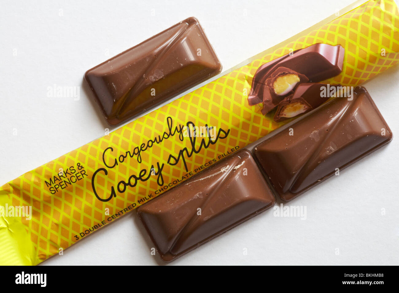 Bar of Marks & Spencer Gooey Splits chocolate opened to show