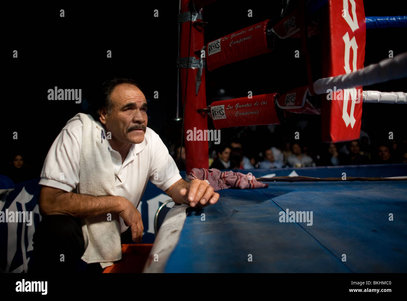 A boxing trainer watches his fighter during a bout in Mexico City, December 9, 2009. Stock Photo