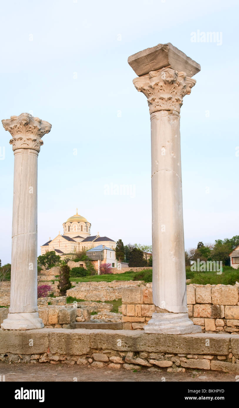 Evening Chersonesos (ancient town) and St Vladimir's Cathedral (Sevastopol, Crimea, Ukraine) Stock Photo