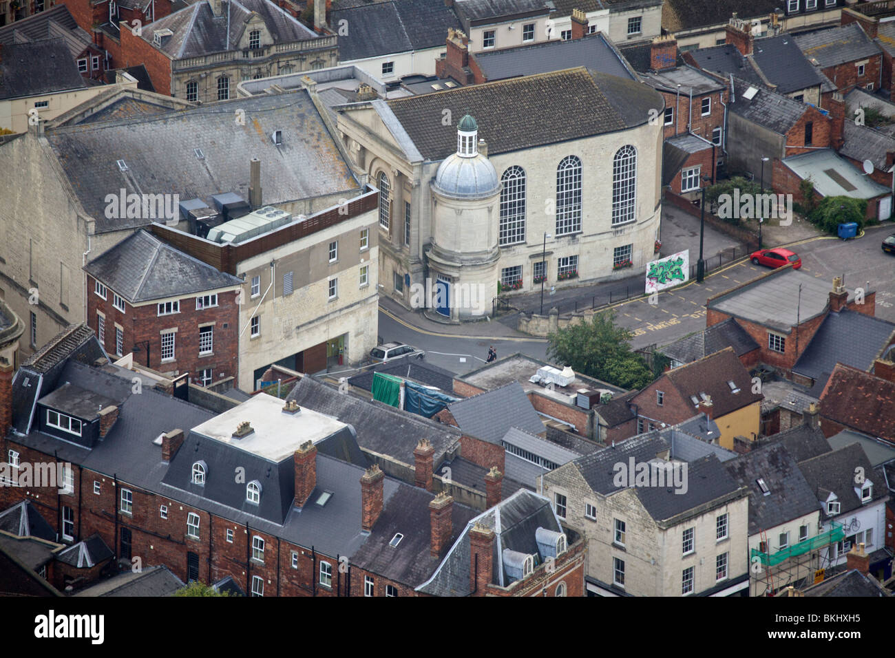 An aerial view of the town of Stroud in Gloucestershire UK including