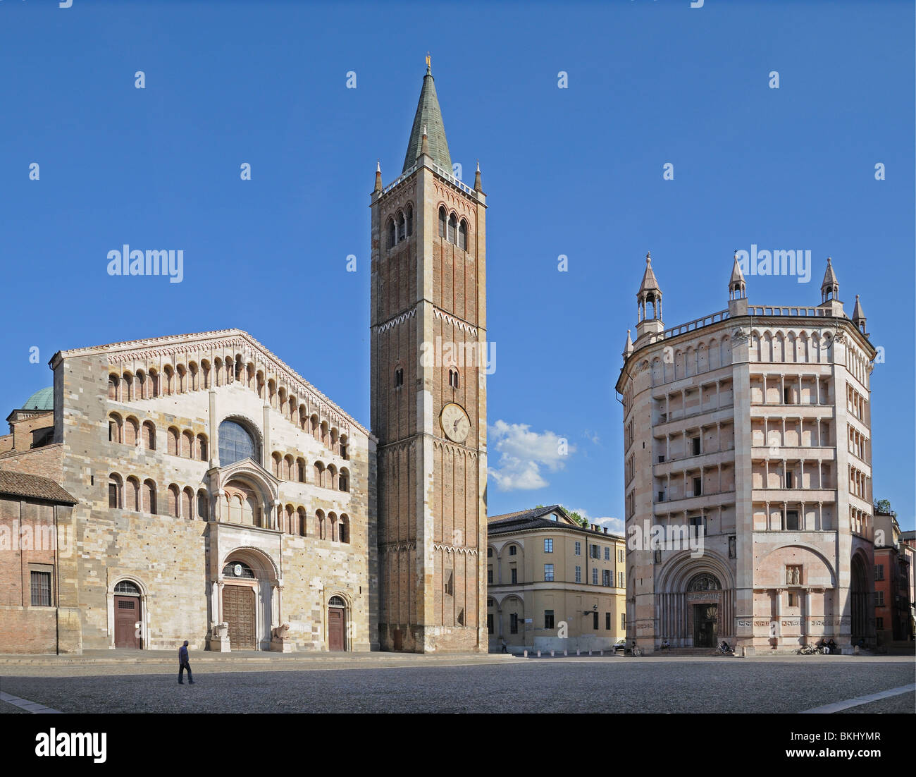 Cathedral Bell Tower and Baptistry from Piazza del Duomo Parma Italy built in marble in the Lombard Gothic style Stock Photo