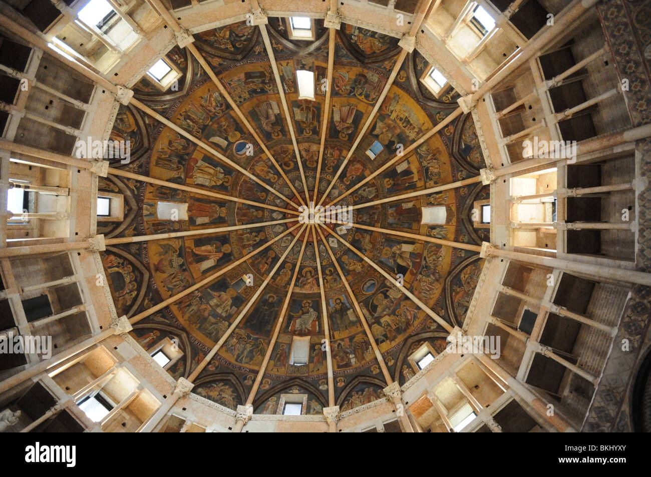 Interior of domed roof of octagonal Baptistry adjacent to il Duomo dell'Assunta Cathedral Parma Emilia Romagna Italy Stock Photo