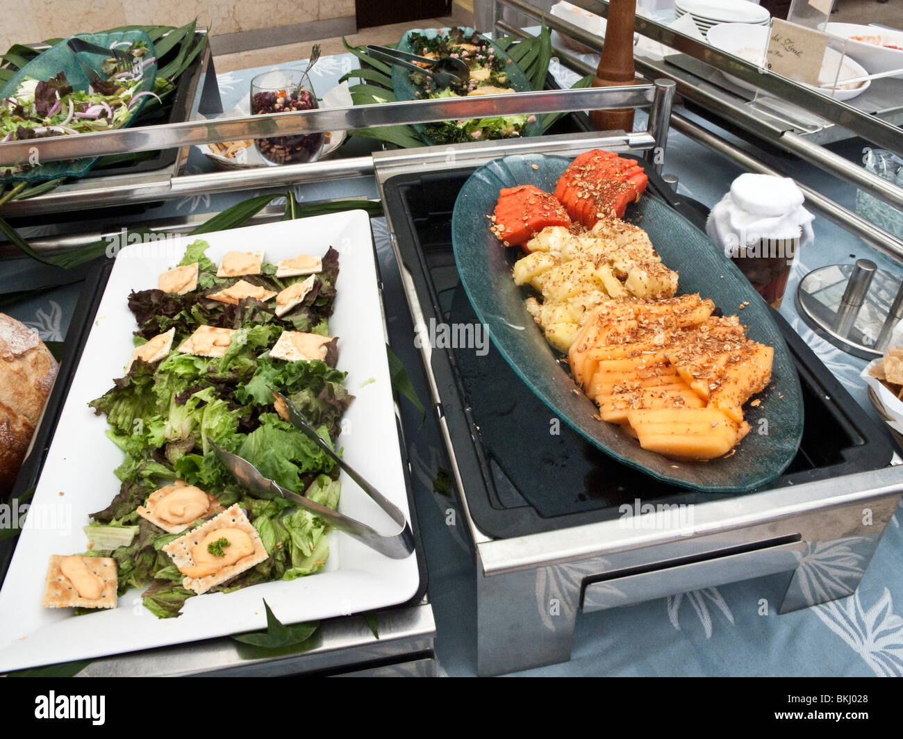 section of buffet table with tempting selection of food at Terraza restaurant on roof of Holiday Inn Mexico City Stock Photo