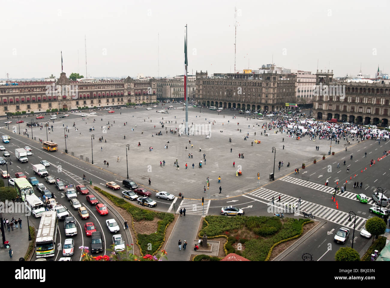 view down across vast open plaza of Mexico City Zocalo with small