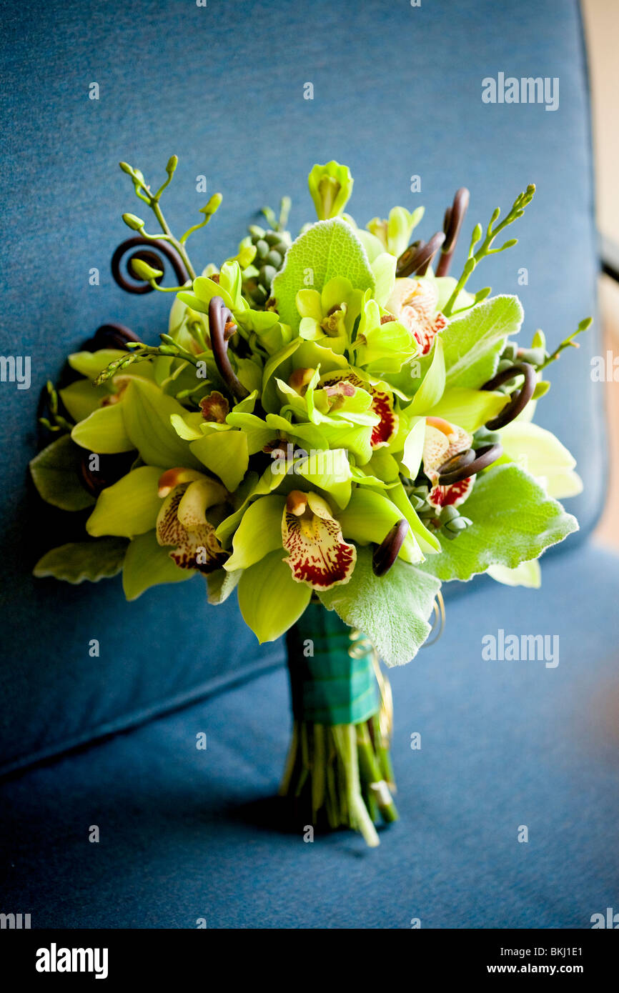 Orchid Bouquet, Green, Blue, Bride Bouquet, Color, Wedding Stock Photo