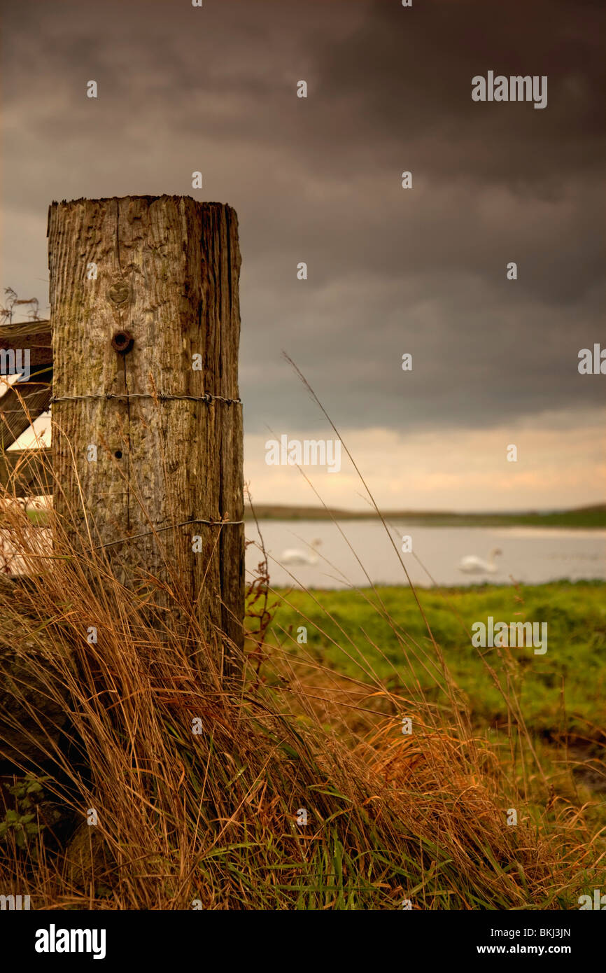Northumberland, England; A Wooden Fence Post And A Pond In A Field Stock Photo