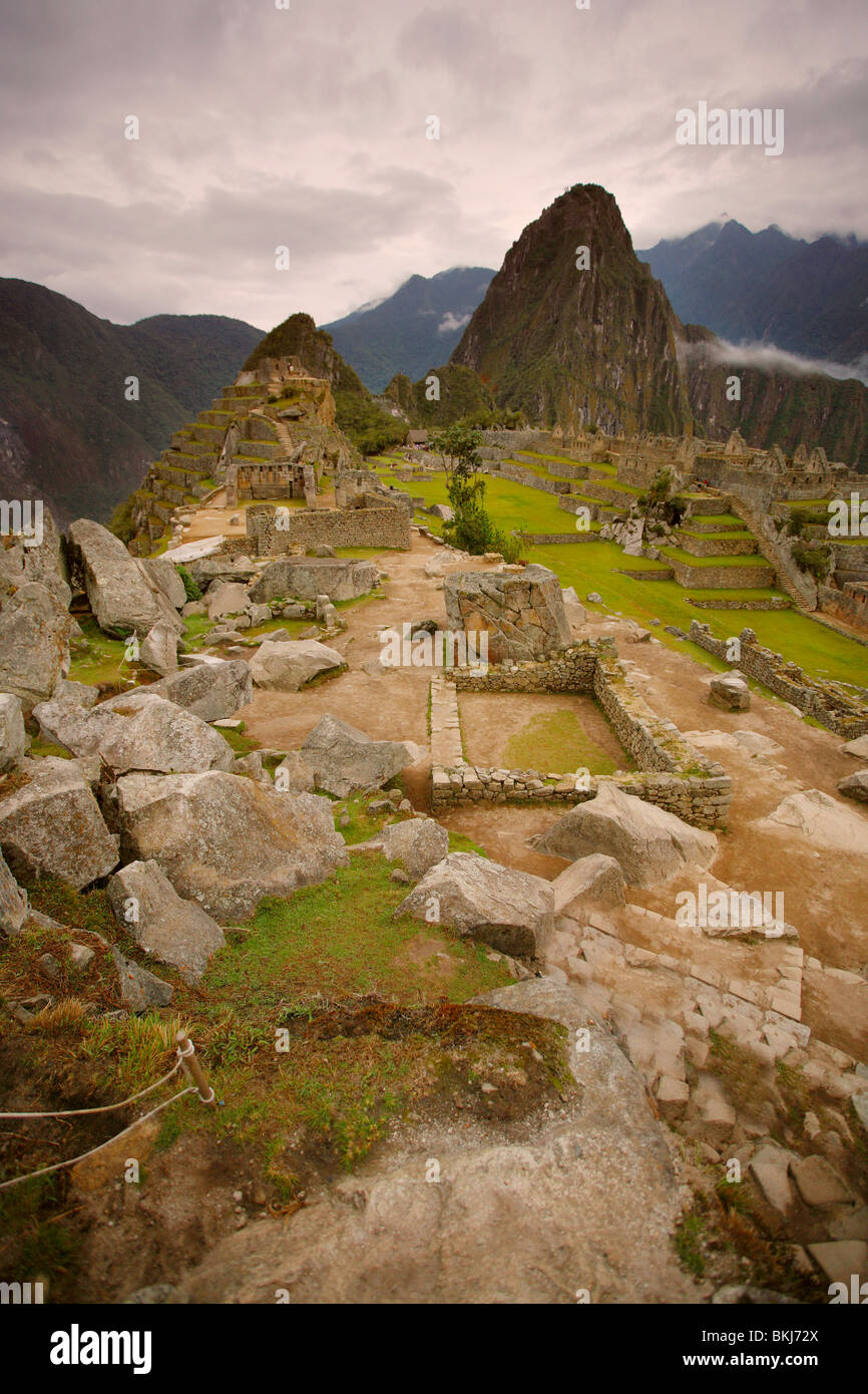 Vertical landscape of the dawn at Machu Pichu ruins in Peru Stock Photo