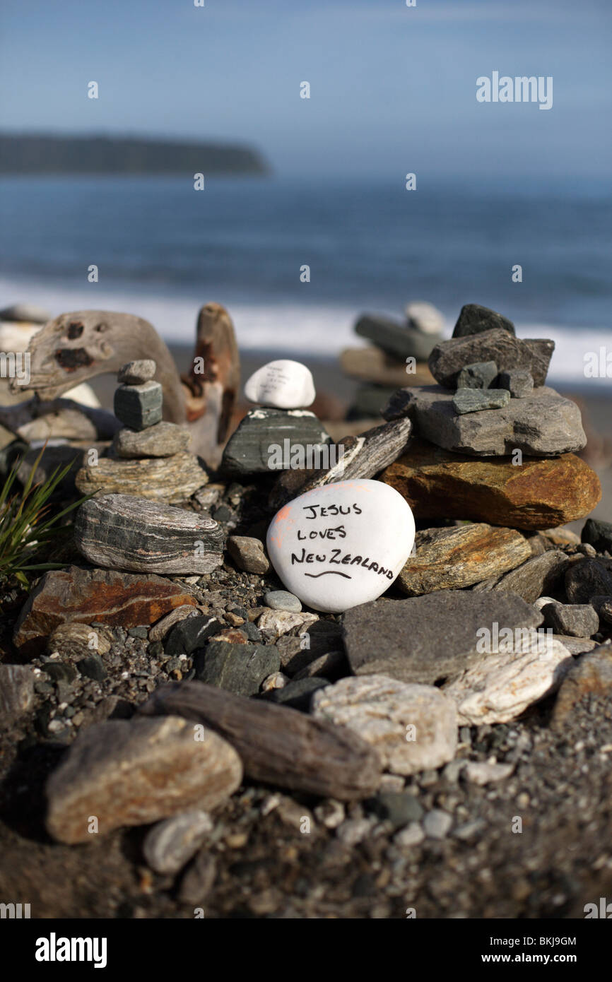 Stone Cairns Left On The Beach Near Greymouth On The West Coast Of New 