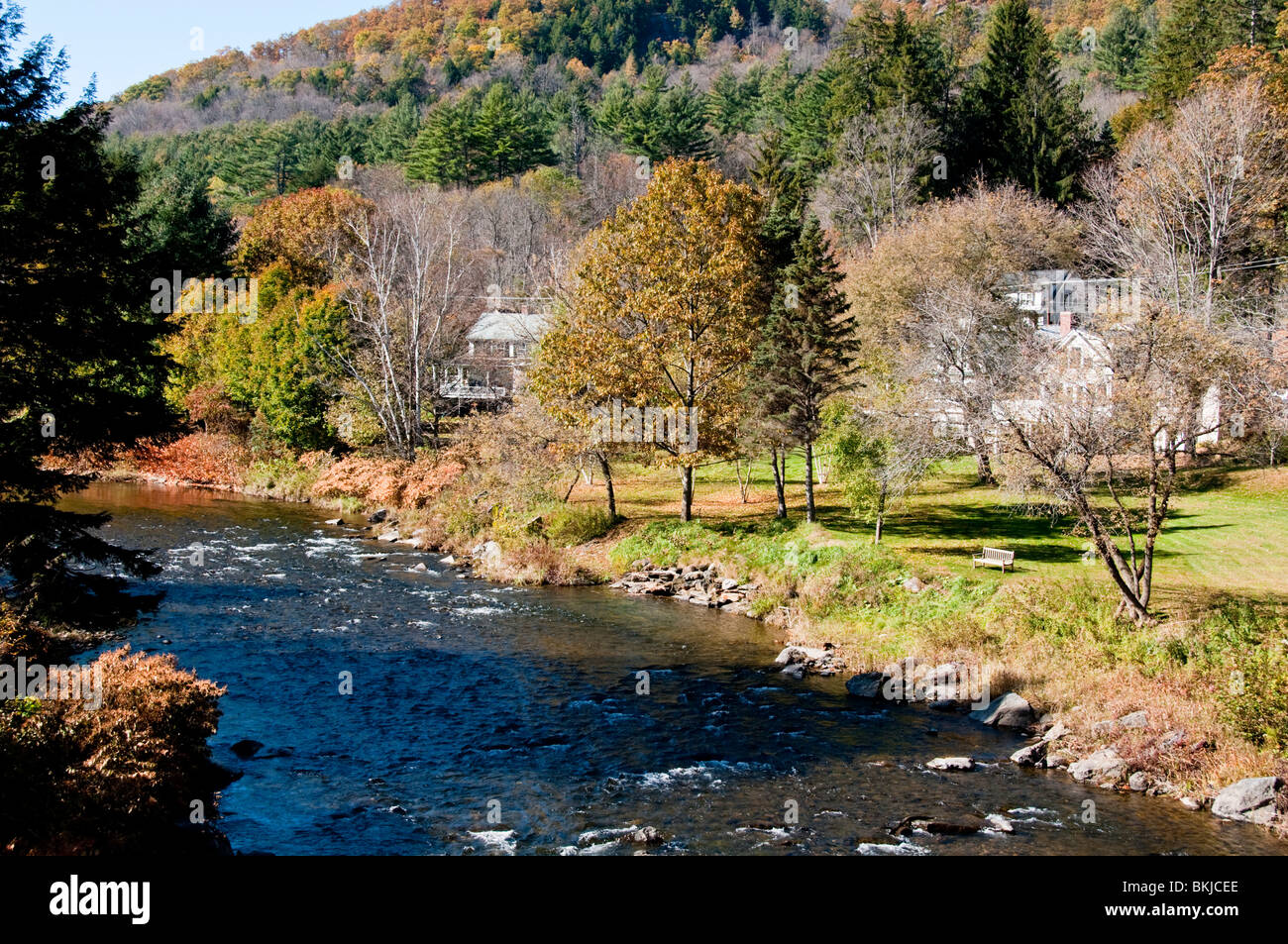 Ottauquechee River,Homes,Bridge,Woodstock,Vermont,New England,USA Stock