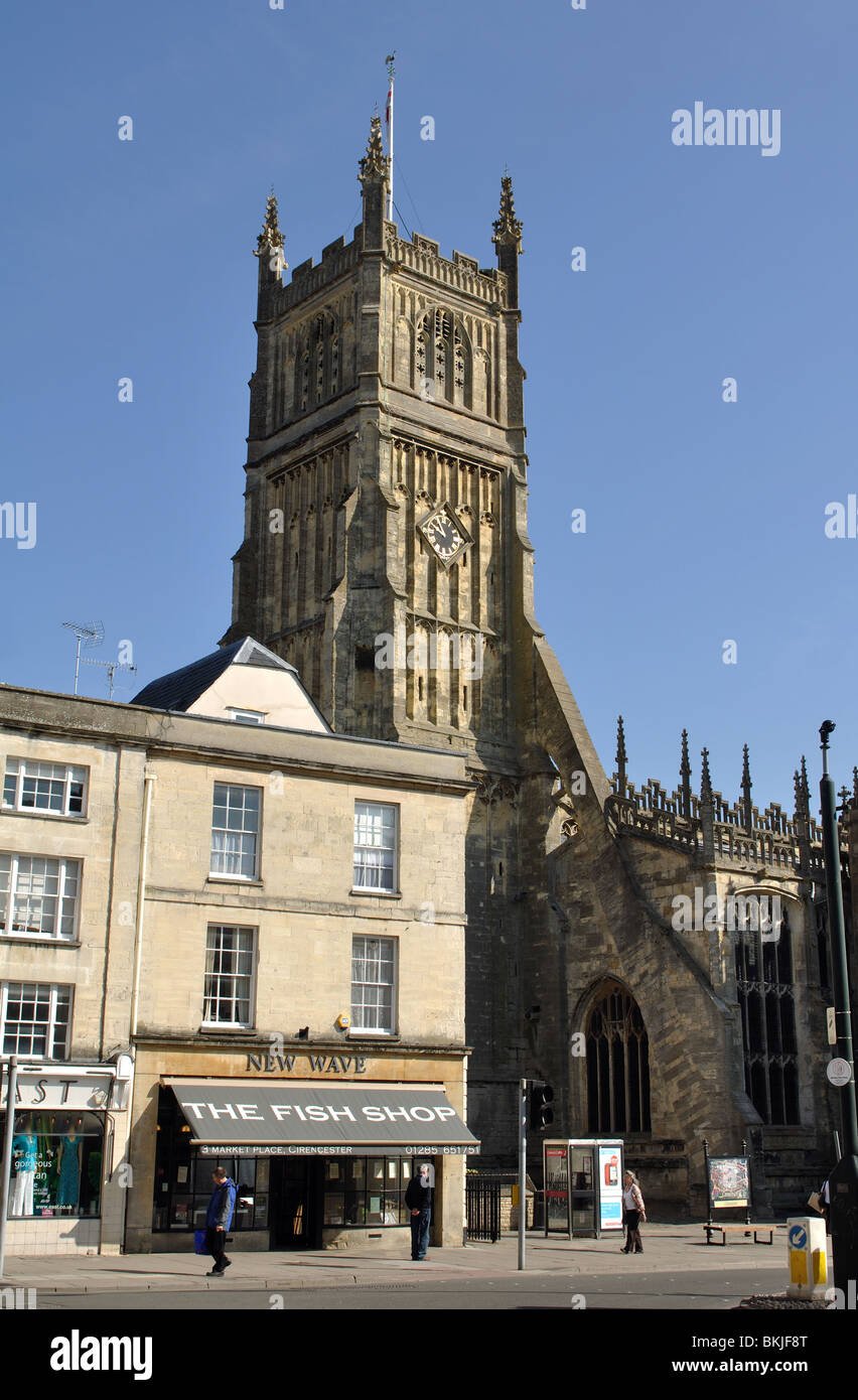 St. John Baptist Church and Market Place, Cirencester, Gloucestershire, England, UK Stock Photo