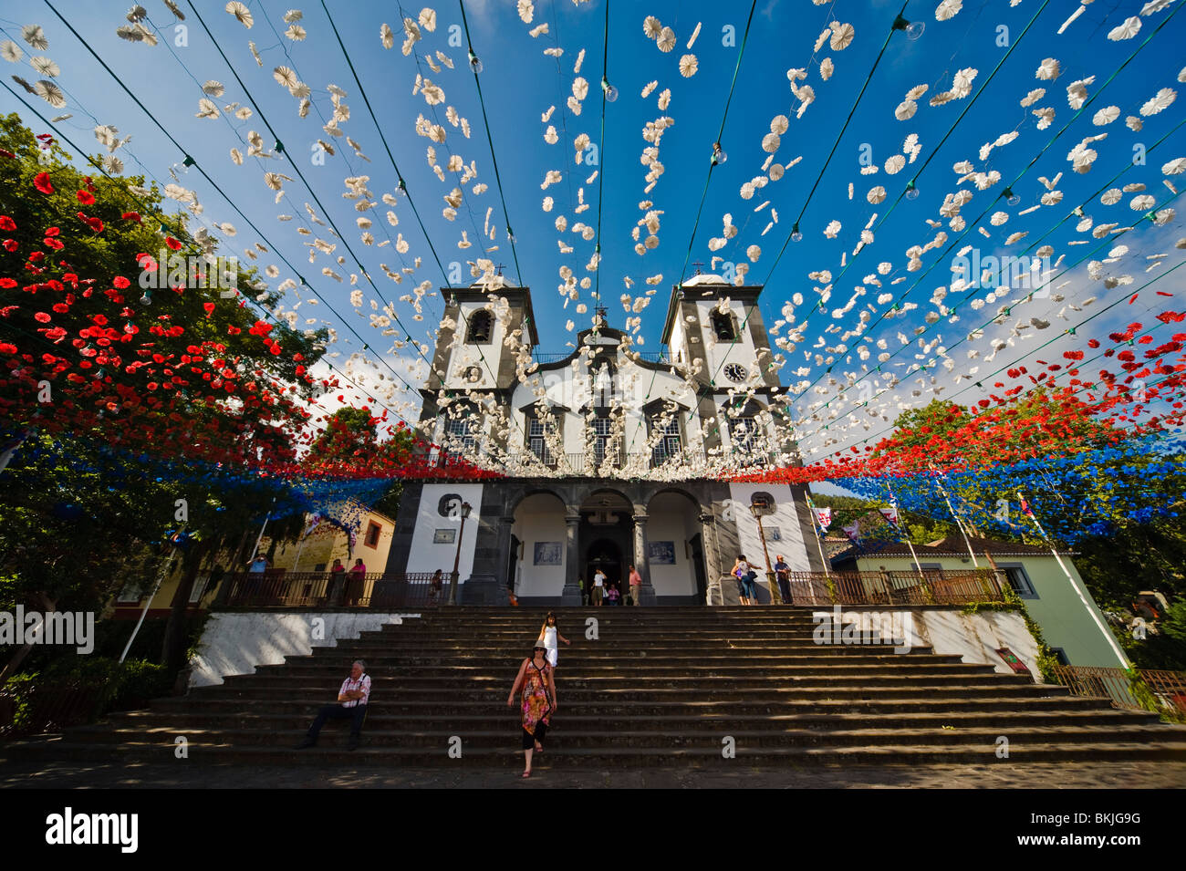 steps below the Church of Our Lady of Monte, Funchal, Madeira, decorated for a festival Stock Photo