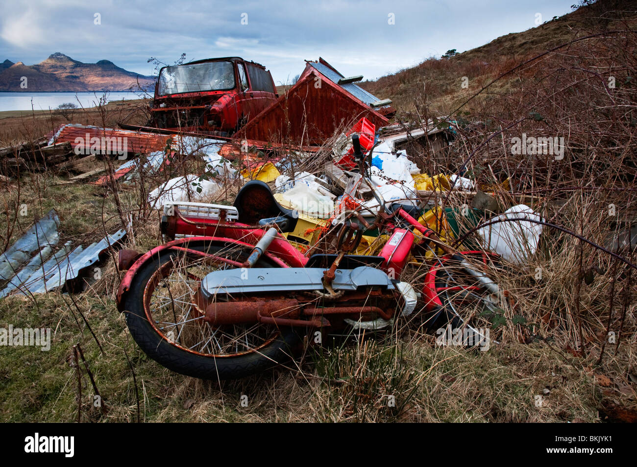 A rubbish tip near the beautiful Bay of Laig, Eigg, Western Isles, Scotland Stock Photo