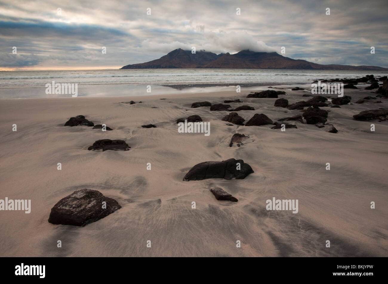 The Island of Rum as seen from the Bay of Laig volcanic beach, Cleadale