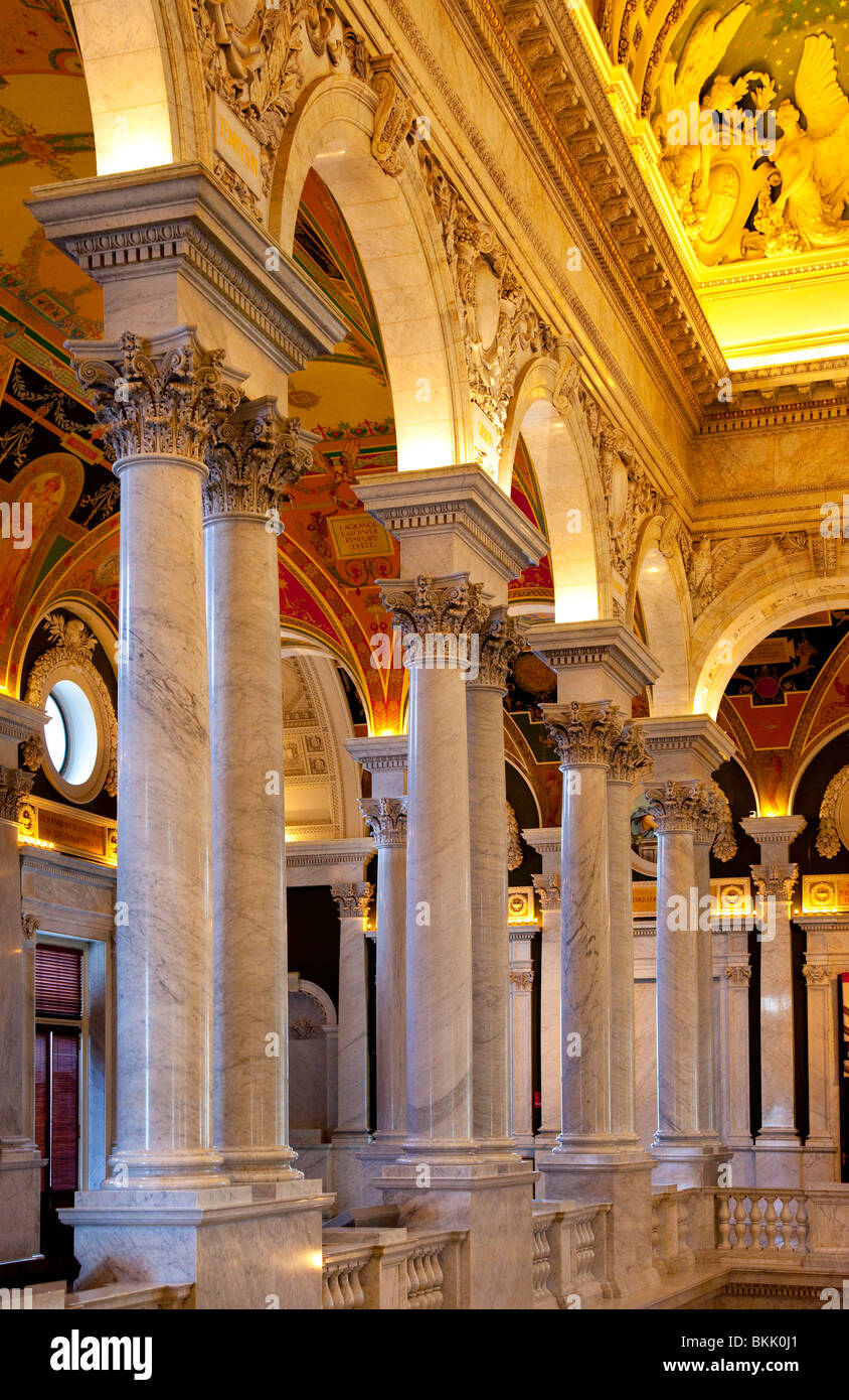 Ornate architecture inside the Jefferson Building of the Library of Congress, Washington DC USA Stock Photo