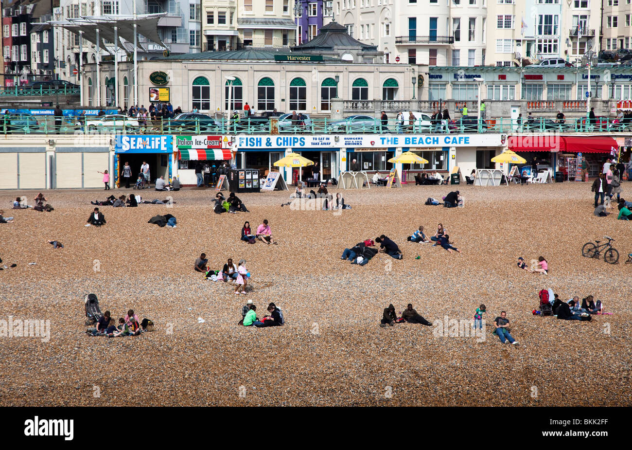 People on shingle beach with sea front shops Brighton England UK Stock Photo