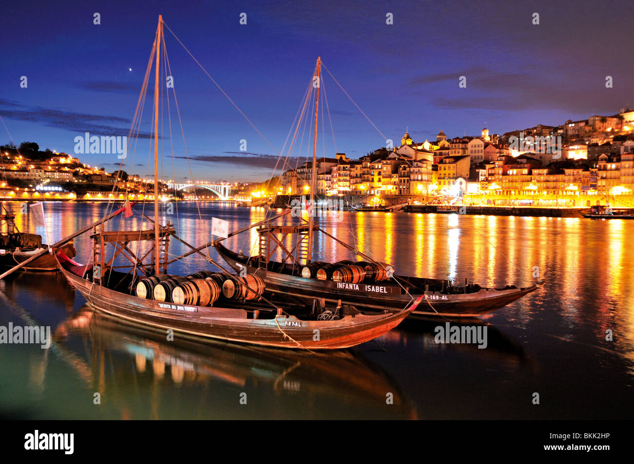 Portugal: Historical Port Wine ships at river Douro in Oporto Stock Photo