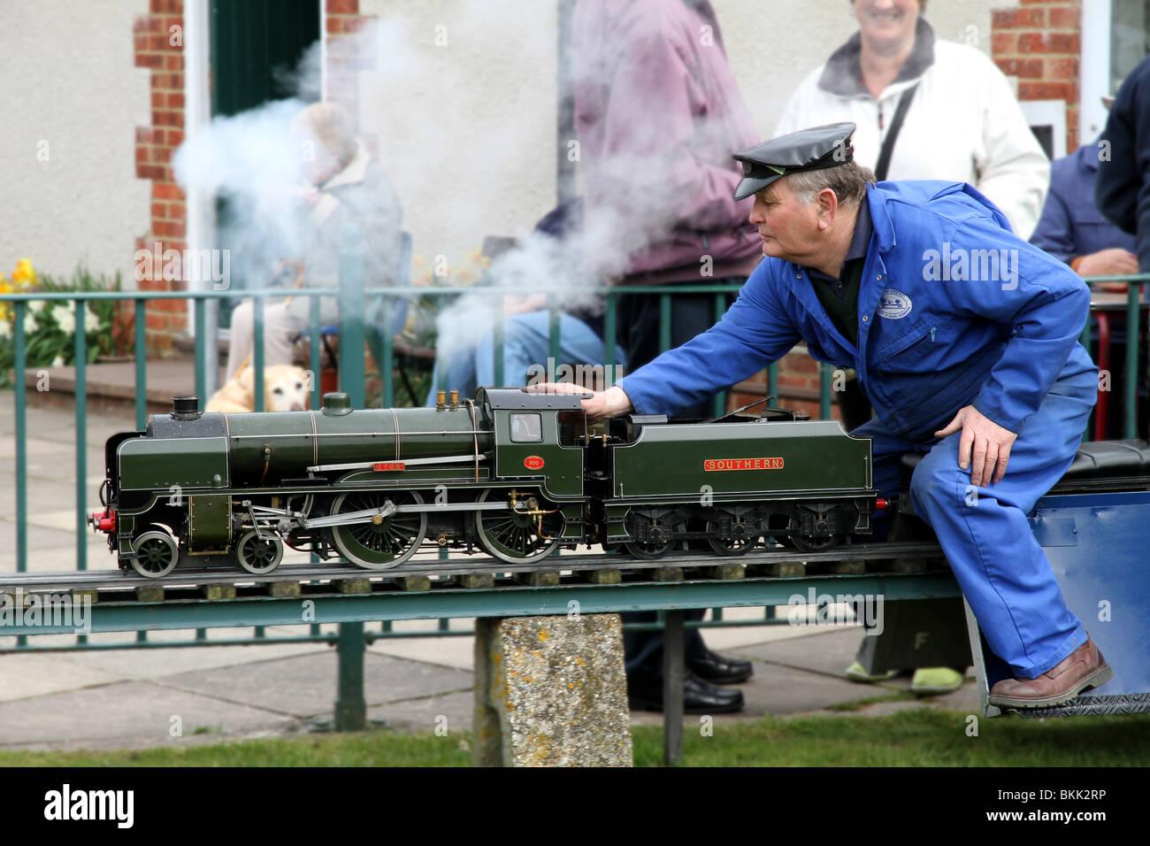 A model steam train with driver at an open day for the Worthing and District society of model