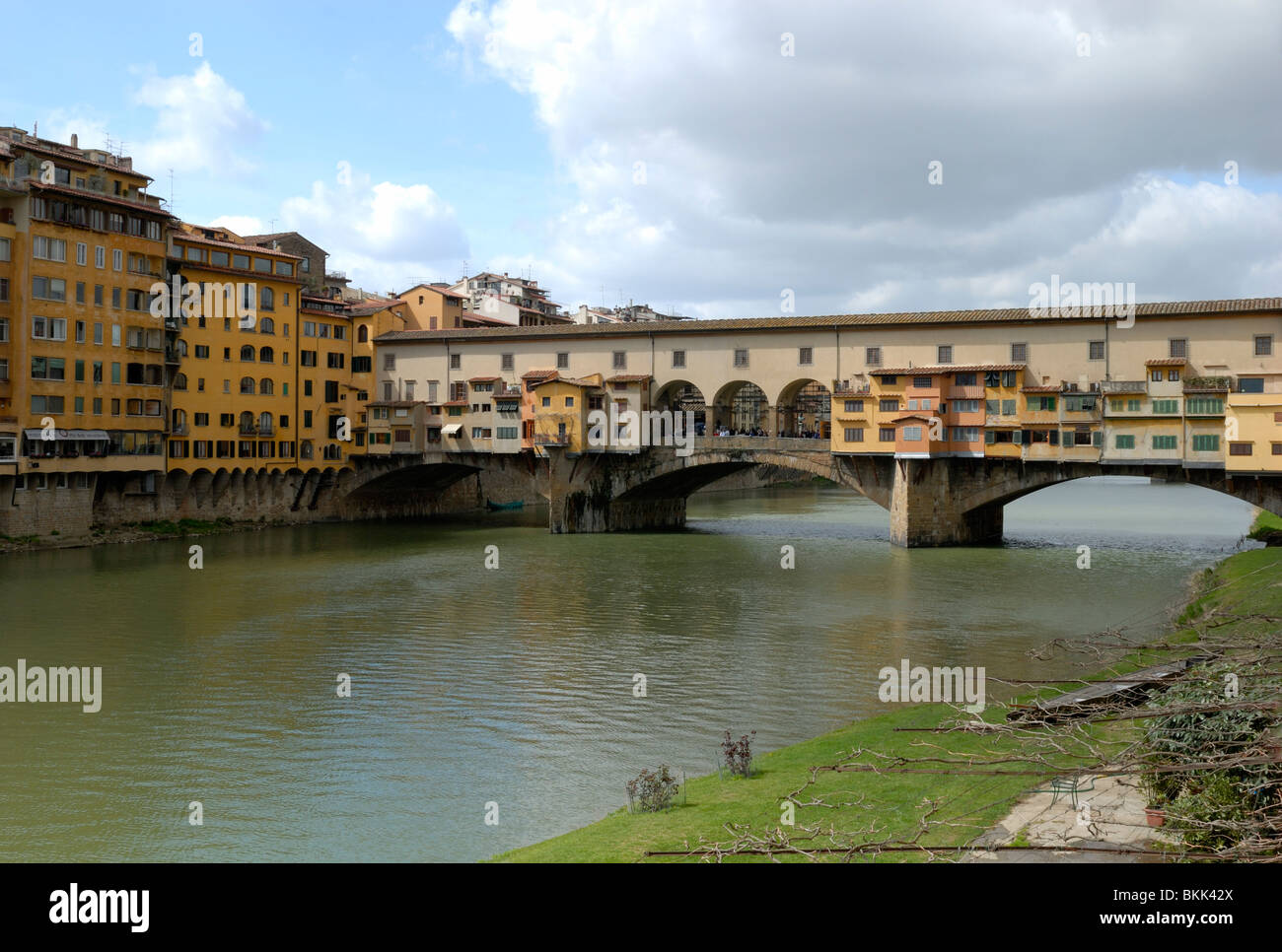 The Ponte Vecchio, the Old Bridge, is the only bridge that survive World War ll in Florence and nowadays the three arched ...... Stock Photo