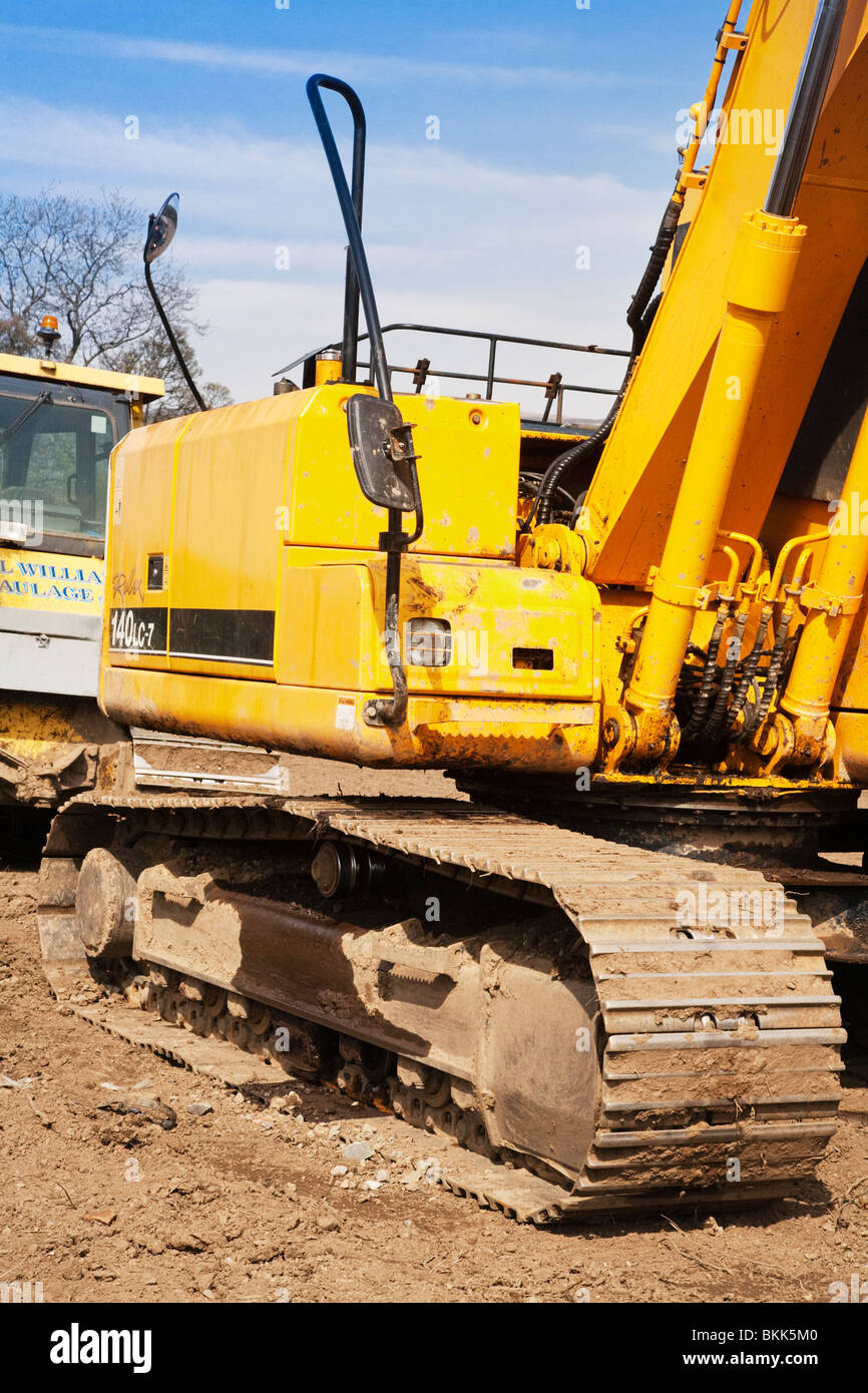 Detail shot of a Hyundai 140LC-7 Robex Tracked Excavator on a construction site. Stock Photo