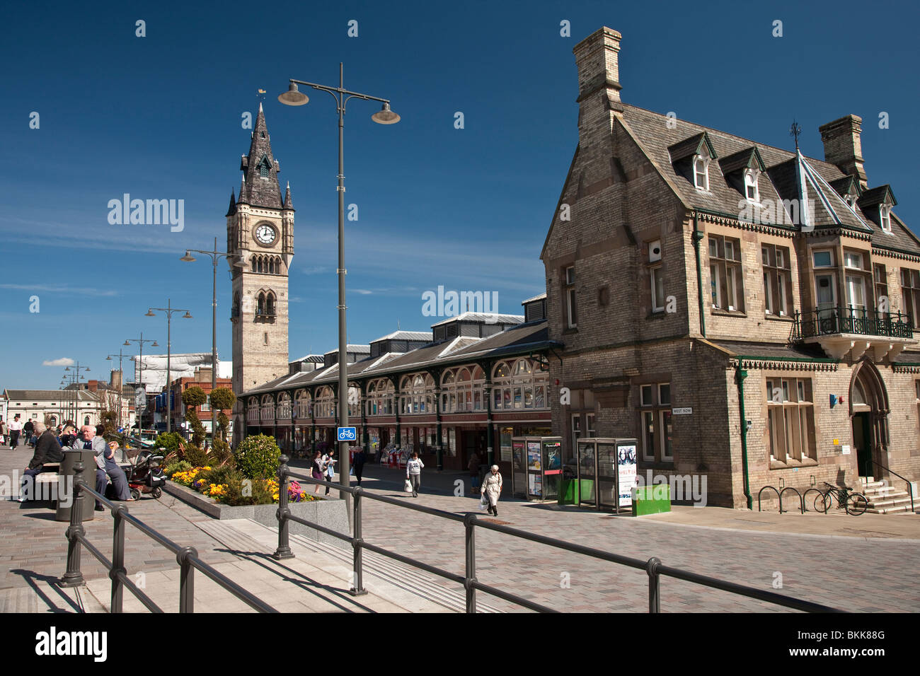High Row and Market Hall and Clock Tower, Darlington, Tees Valley Stock Photo