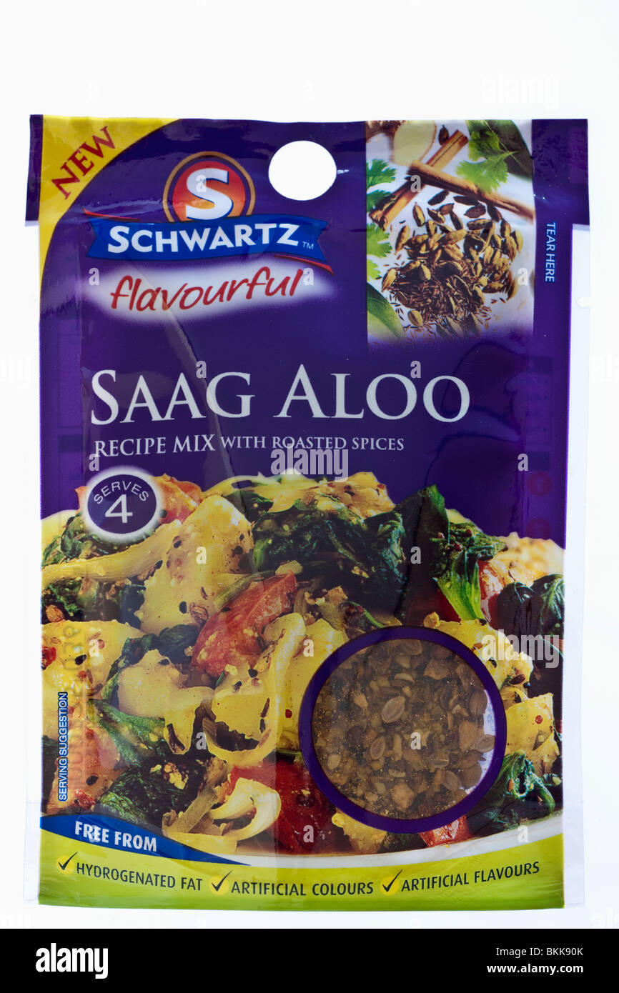 Packet of Schwartz Saag Aloo recipe mix Stock Photo