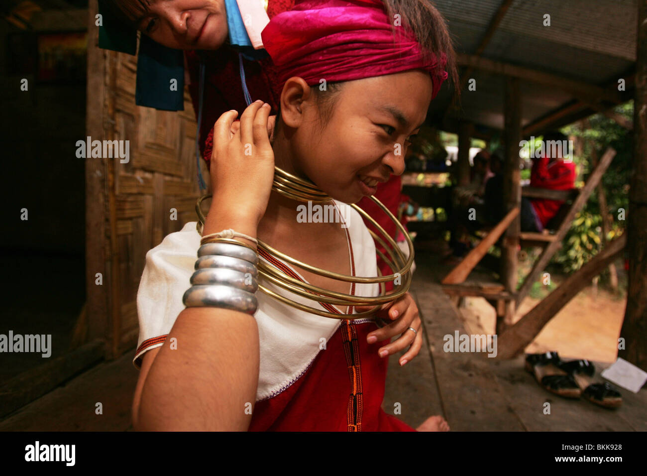 Longneck Kayan women from the Nai Soi refugee camp on the Thai - Burma border. Stock Photo