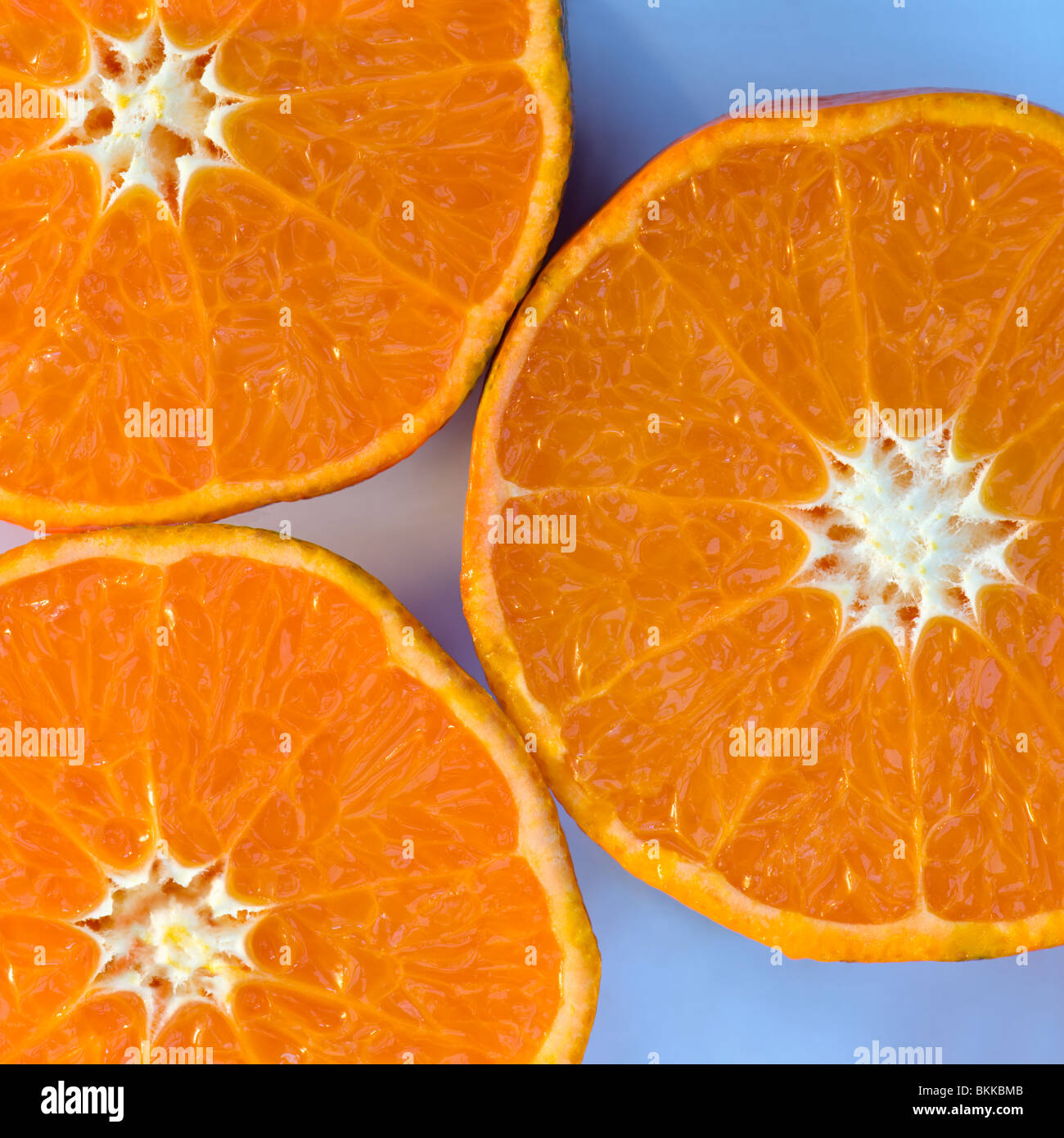 Studio shot of Clementine orange halves, which are a variety of mandarin orange, displayed on a muted white background Stock Photo