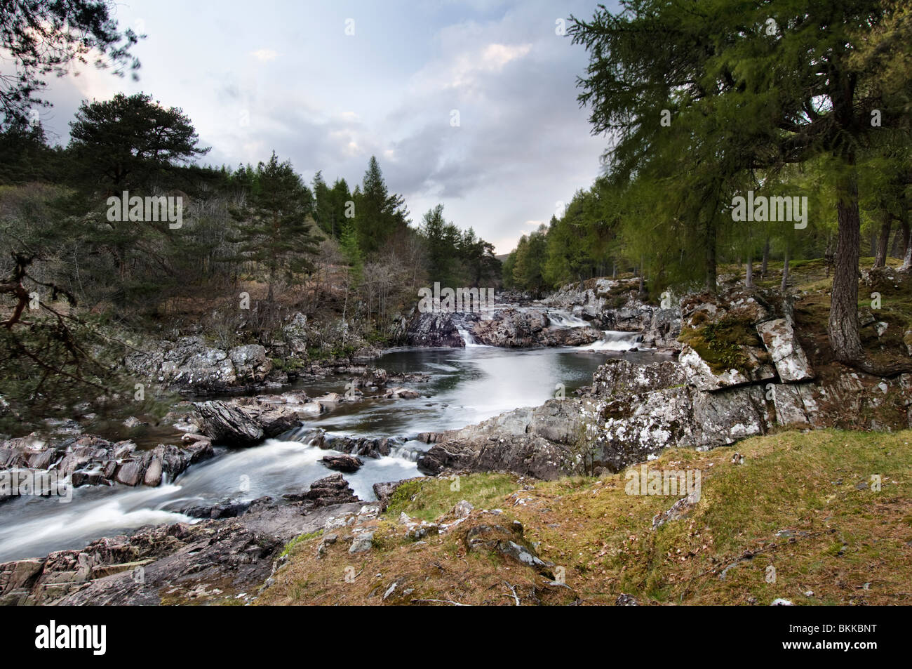 The beautiful Achness Falls at low spate taken at Glen Cassley, Sutherland in Scotland early evening Stock Photo