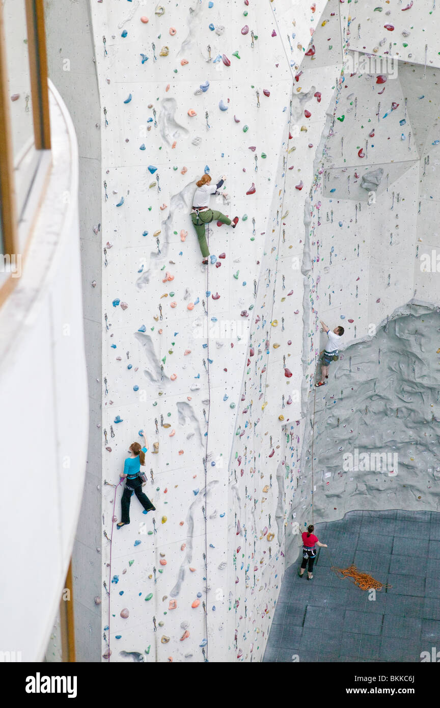 Climbers ascending an indoor climbing wall, with one person belaying on the ground Stock Photo