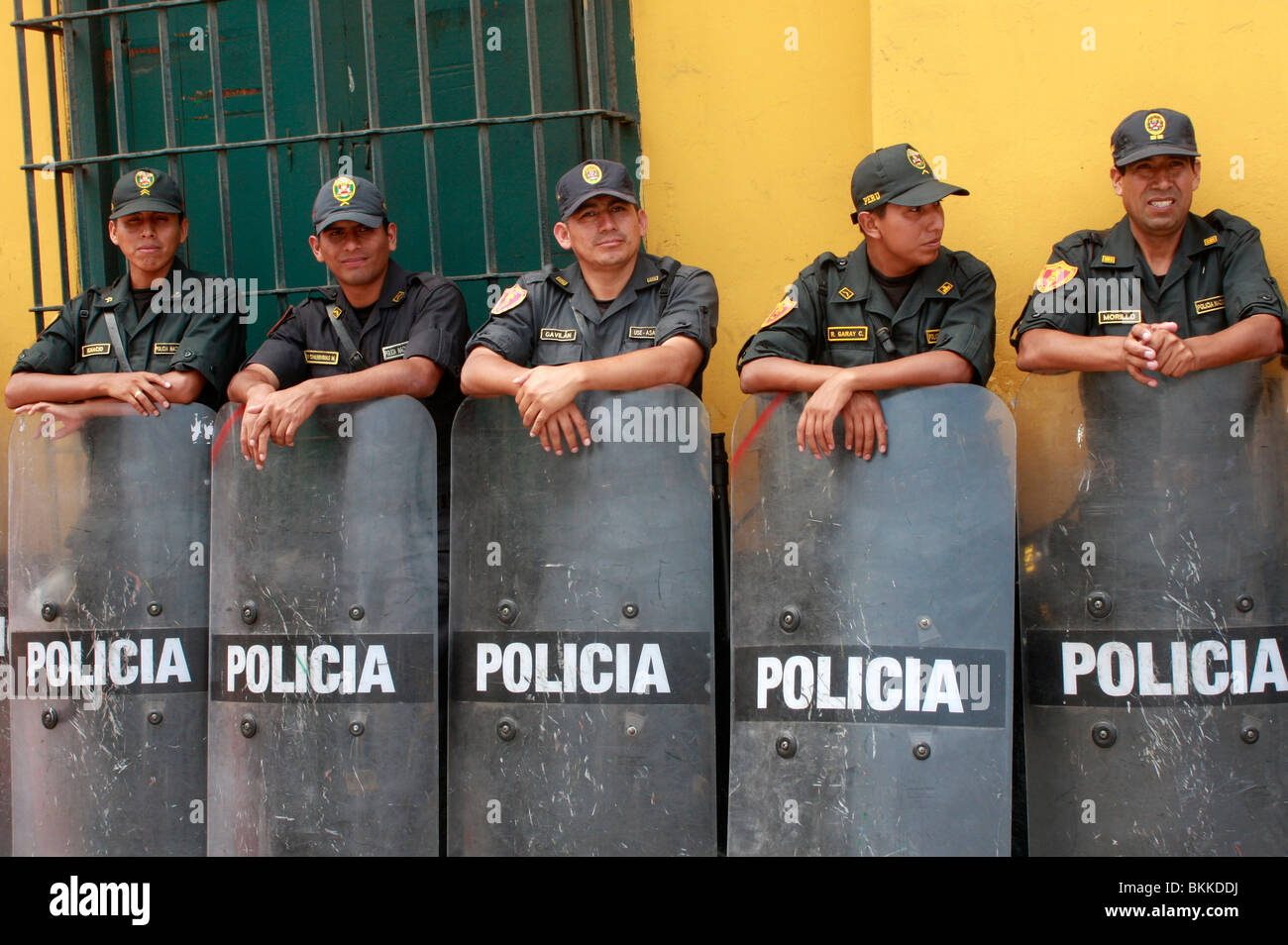 Crowd control Police with riot shields in Lima,the capital of Peru Stock Photo