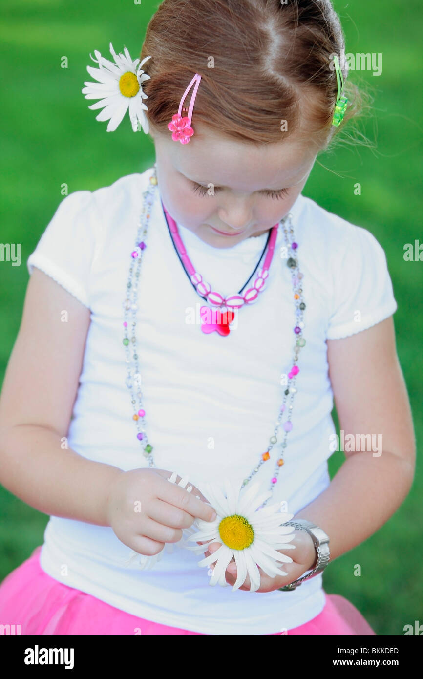 A Young Girl Pulling Petals From A Daisy Stock Photo