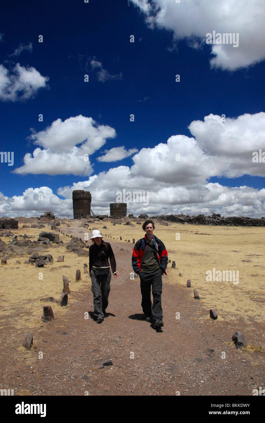 Tourists in Sillustani ruins, Peru, South America Stock Photo