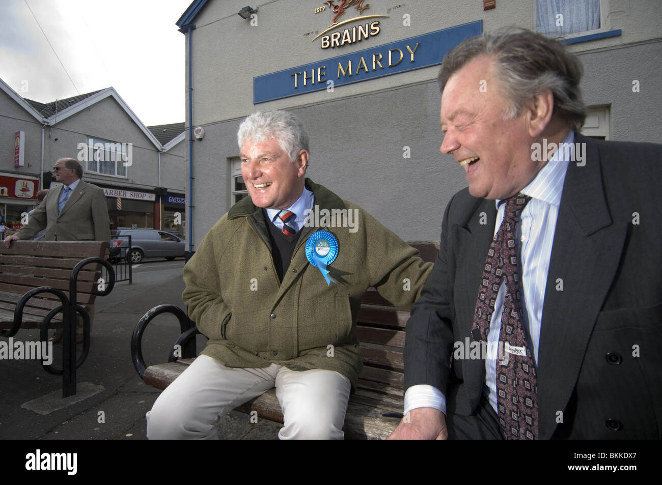 Ken Clarke the Conservative MP and Shadow Secretary of State for Business, Innovation and Skills in Gorseinon with Byron Davies. Stock Photo