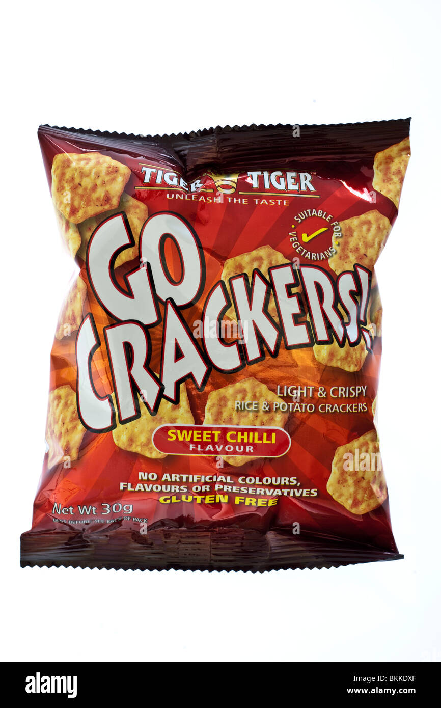 Bag of Tiger Tiger brand go crackers sweet chilli  flavour rice and potato crackers Stock Photo