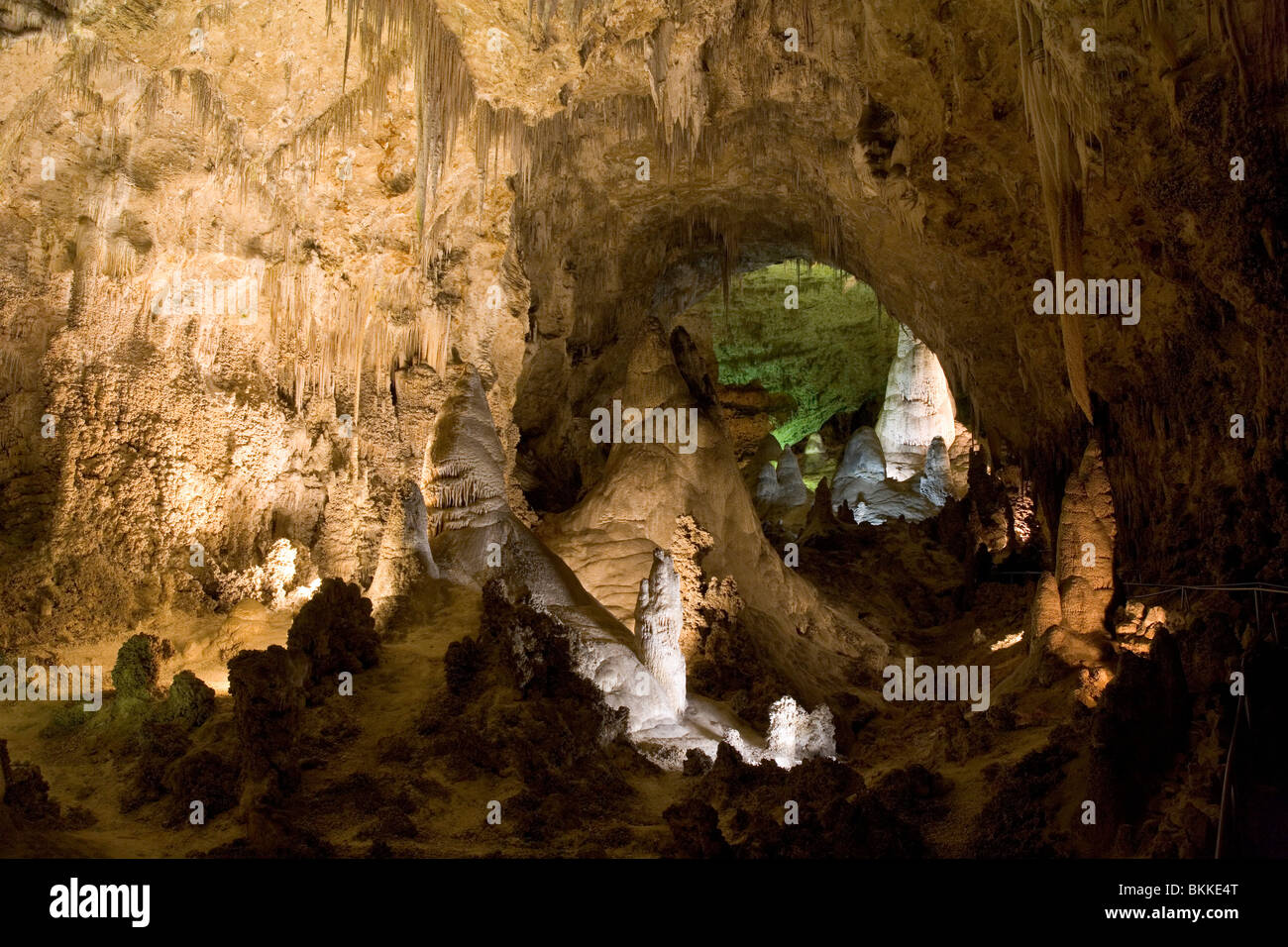 Looking from the Big Room into the Hall of Giants inside Carlsbad Caverns. Stock Photo